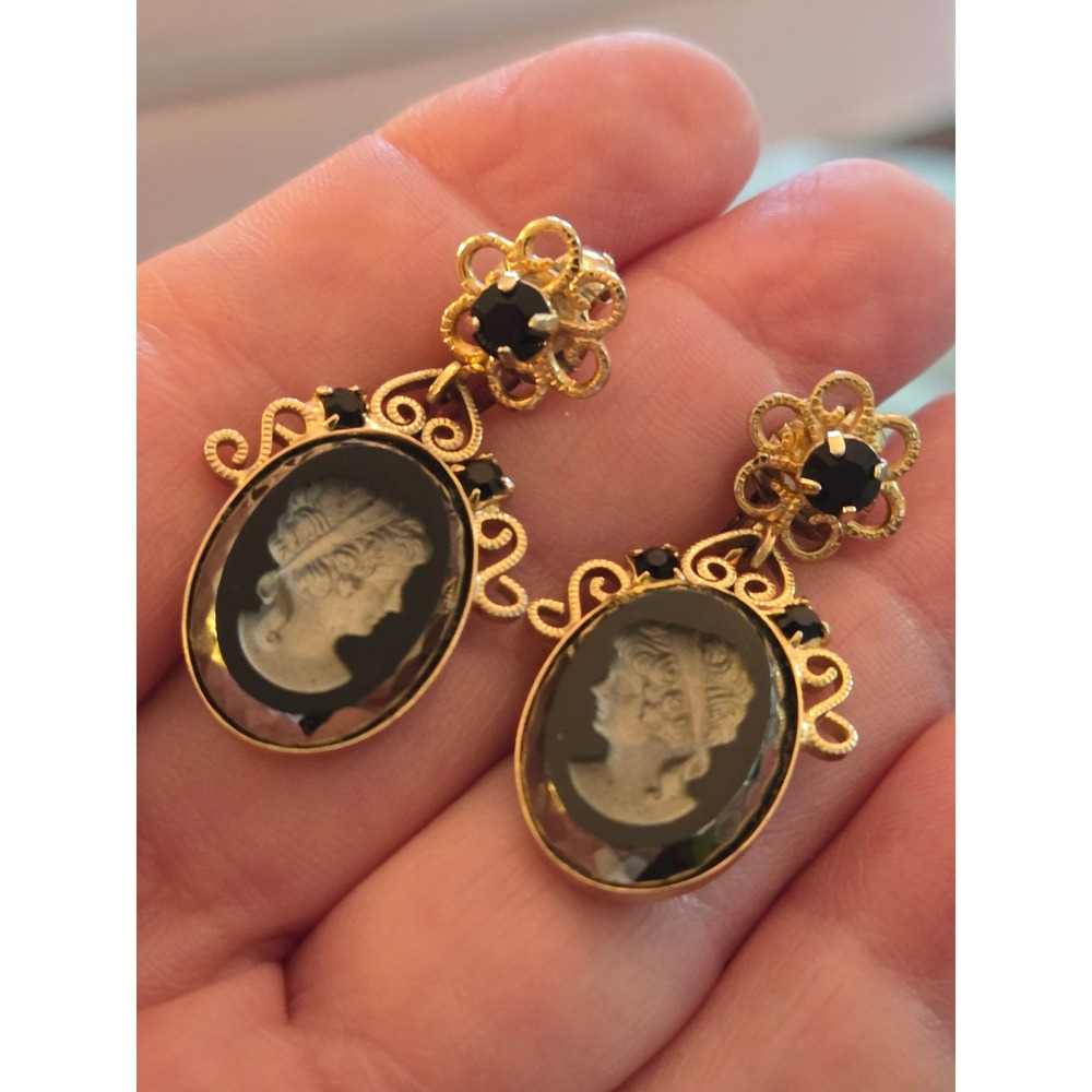 Goldtone Black Cameo Drop Earrings Juliana Style Vintage Stunning!!